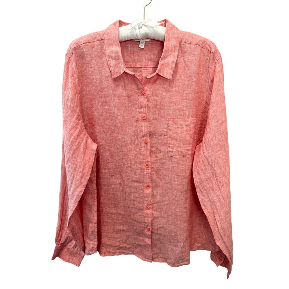 GARNET HILL 100% Linen Button Down Shirt Red Long Sleeve Lightweight | Size 14